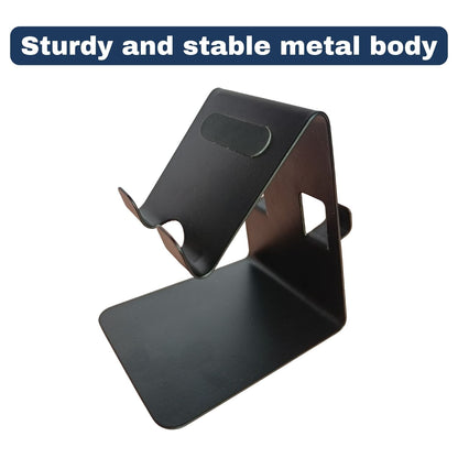 Double-sided metal mobile holder with text "Sturdy and Stable Metal Body"